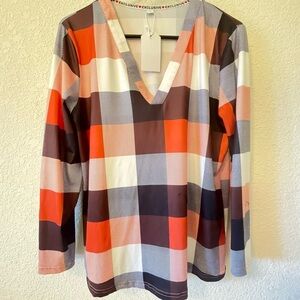 Vneck button rolled sleeves Tshirt material plaid top. Sz med